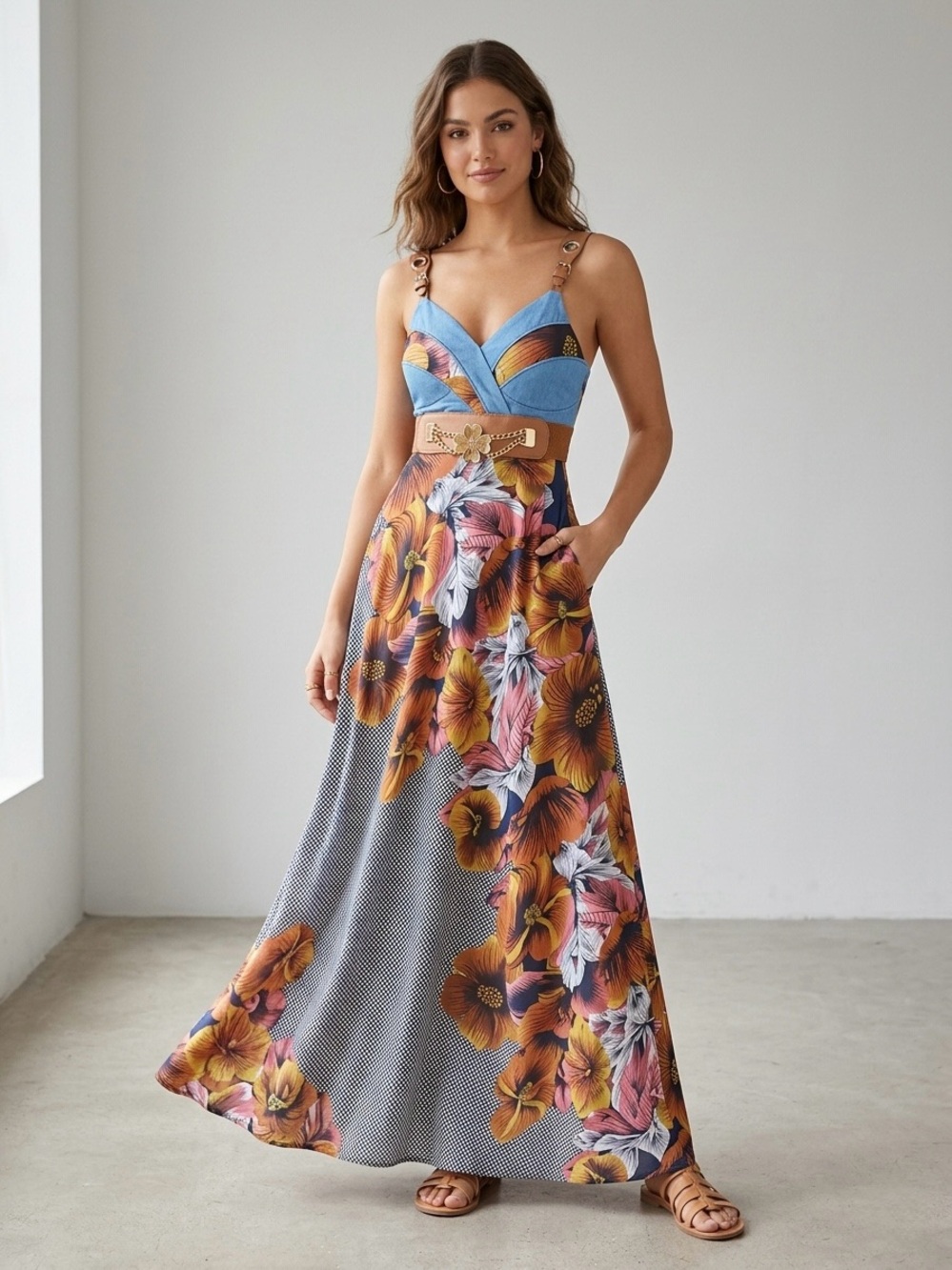 KESSLEY Floral Chambray Maxi Dress Faux Leather Belt Size M